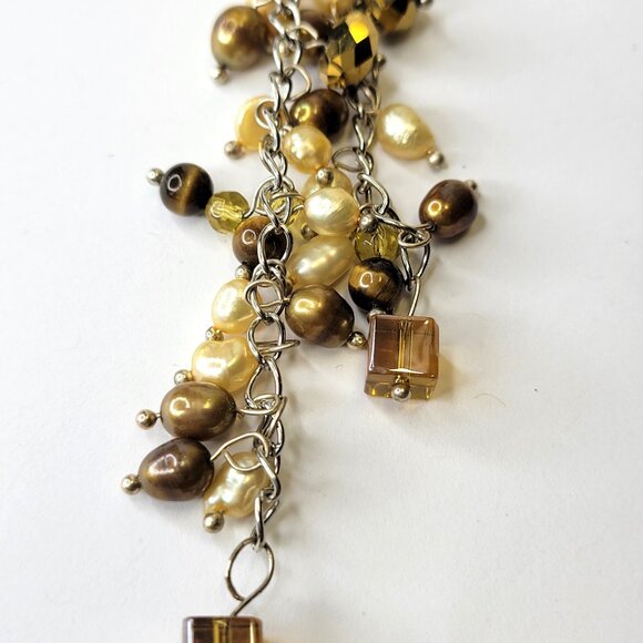 Gold and Beige Pearls and Bead Earrings Light Gold Brown Earrings - Picture 6 of 7